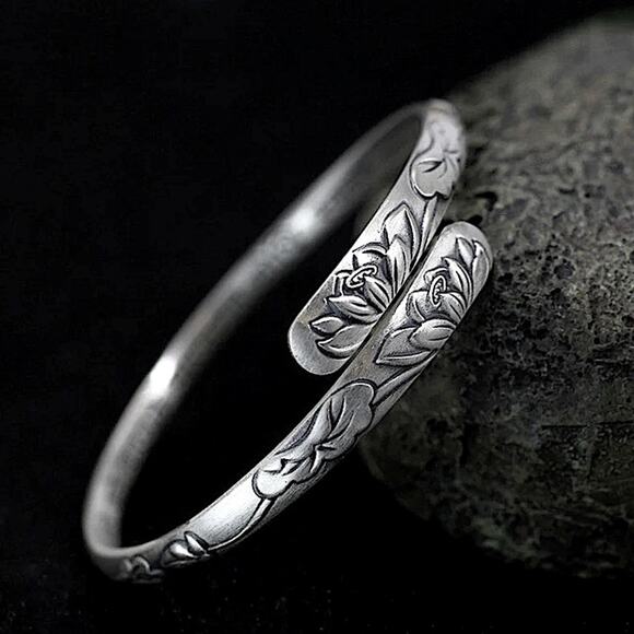 Sterling Silver Lotus Mantra Bangle Bracelet - Picture 9 of 9